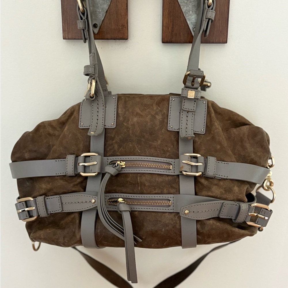Brown Suede and Gray Leather Strap Crossbody Bag - Women’s Shoulder Bag